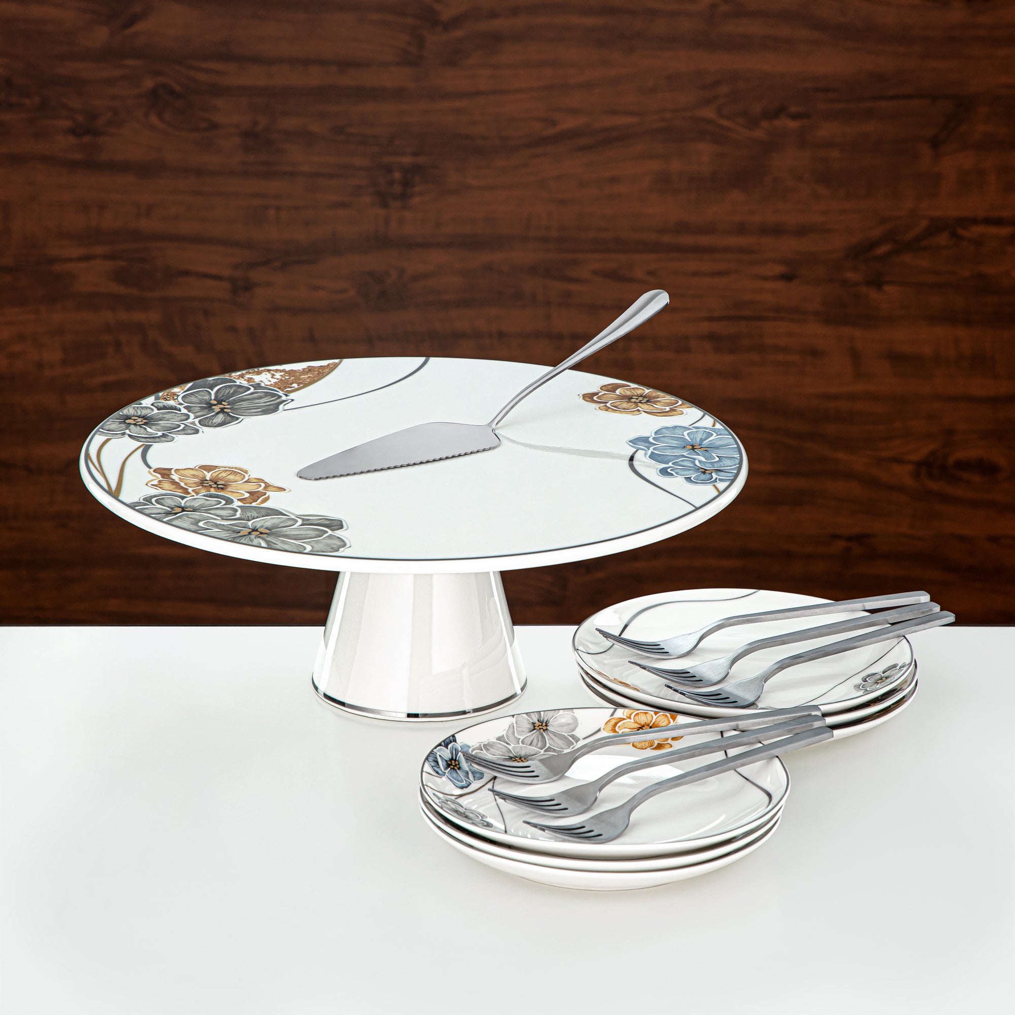Almarjan Cake Serving Set Porcelain & Stainless Steel 14 Pieces (14PCS-12256) – Elegant Floral Dessert Collection