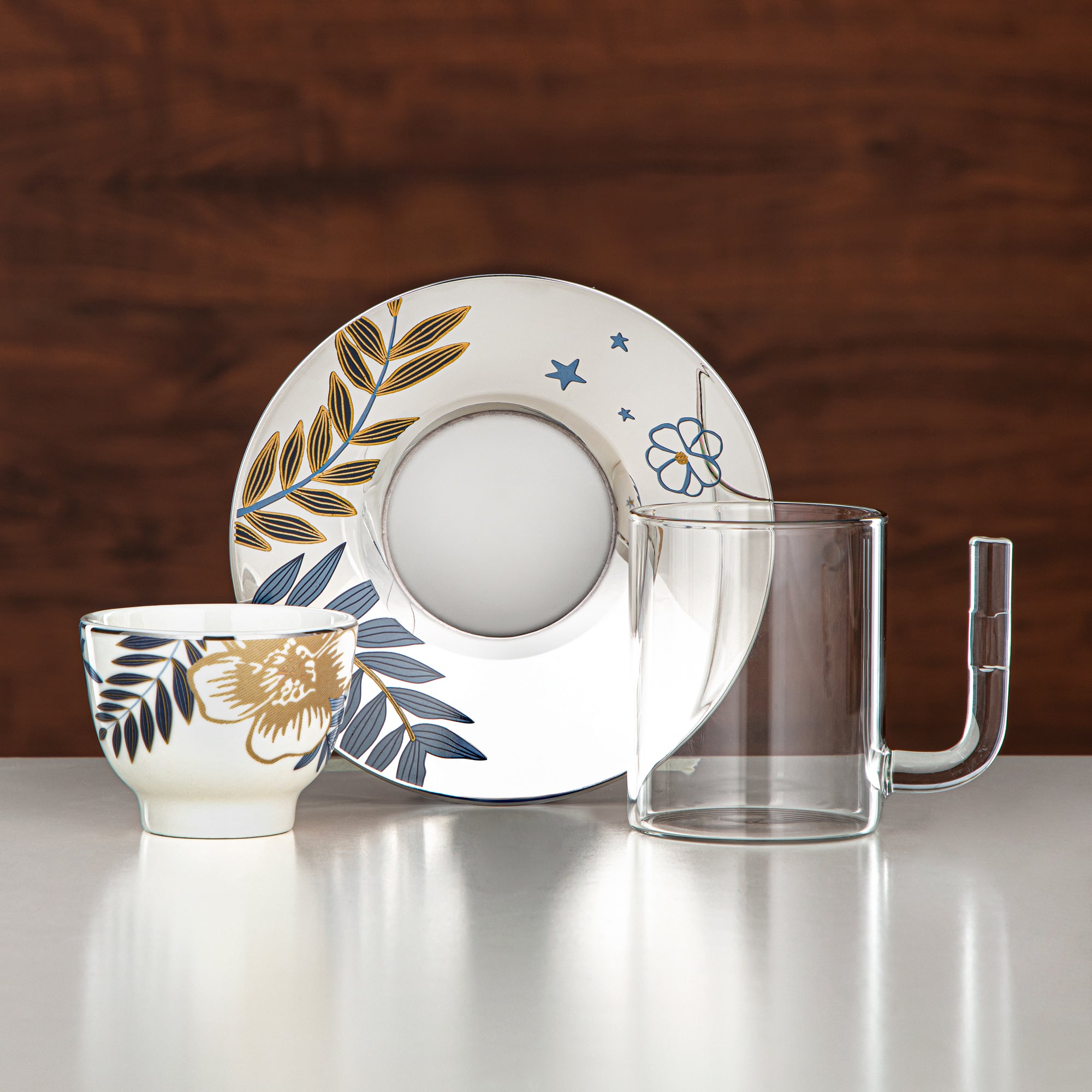 طقم الترمس والمرجان للشاي والفضة والذهب - ترمسين (1L + 1L) + طقم أزرق نباتي من الزجاج والبورسلان مكون من 18 قطعة – تقديم أنيق | مجموعة عصرية