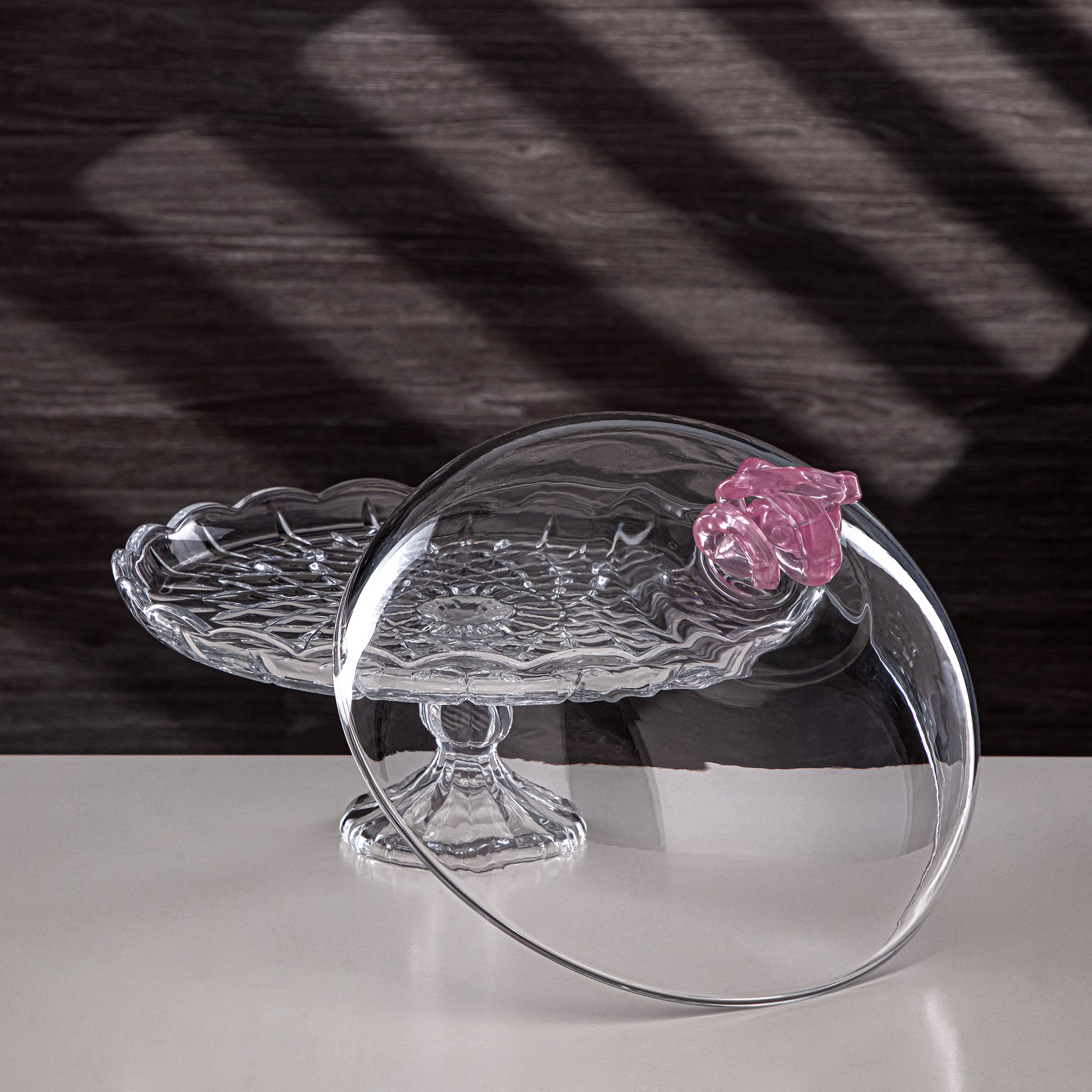 Almarjan Cake Stand Glass Round Clear with Pink Knot