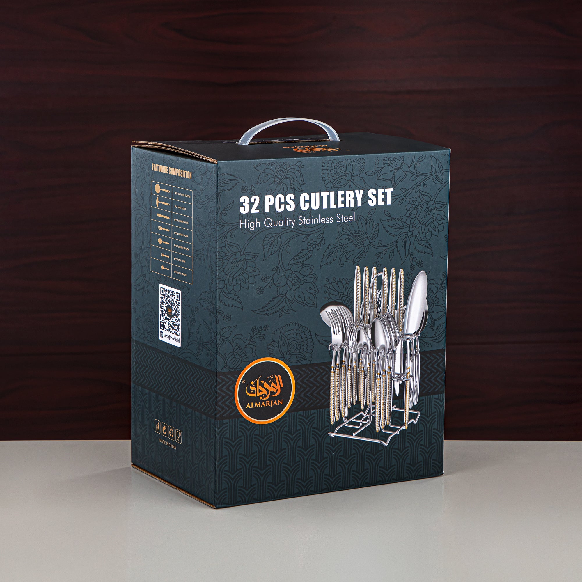 طقم أدوات مائدة المرجان 32 قطعة، ستانلس ستيل، مع حامل، فضي وذهبي (CUT0010448) طقم أدوات مائدة أنيق