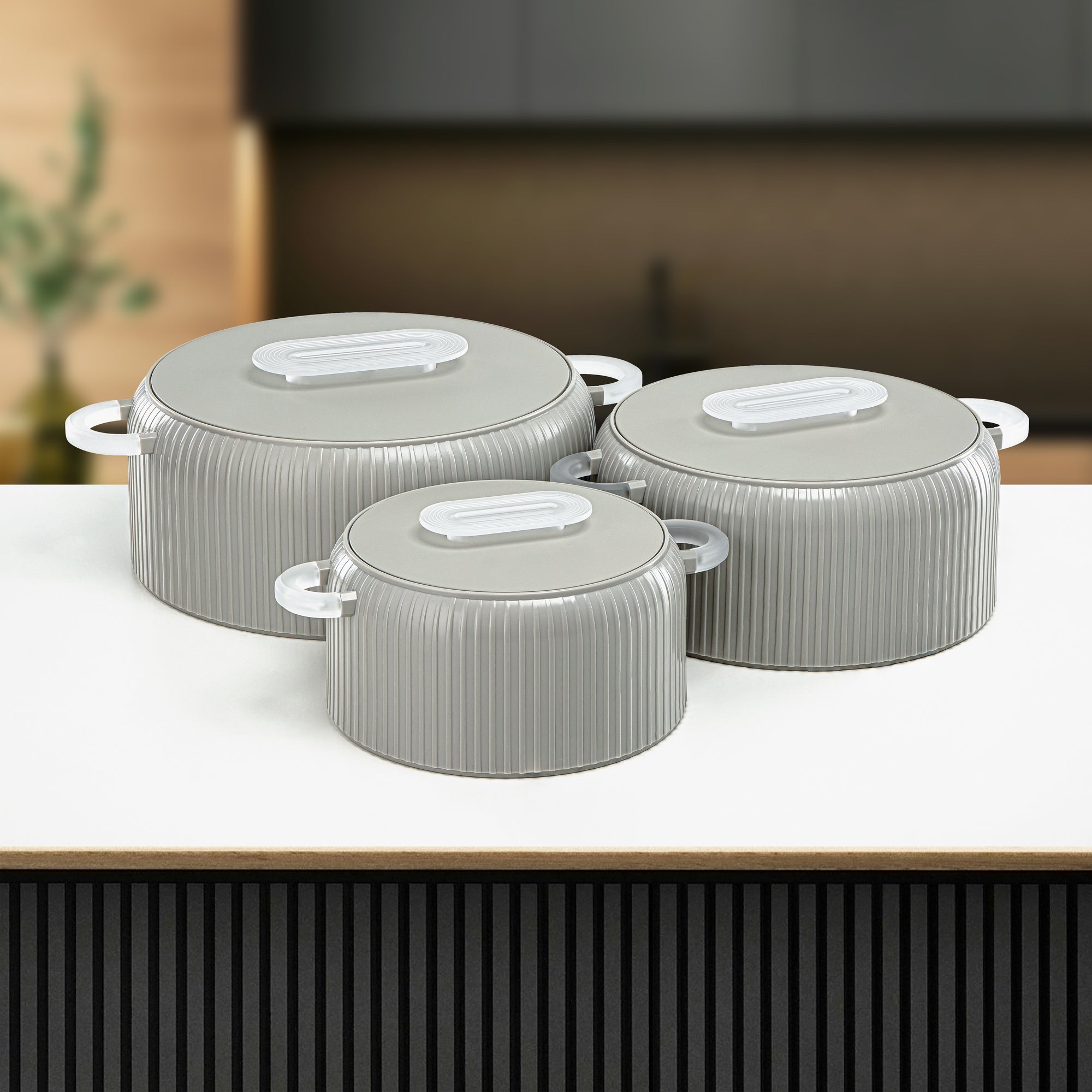 Almarjan Hot Pot Plastic, Set of 3 Pieces, Soft Grey & Frost, 2000ML + 4000ML + 6500ML (EK-200/400/650 MSG/FA) Ramadan Serveware