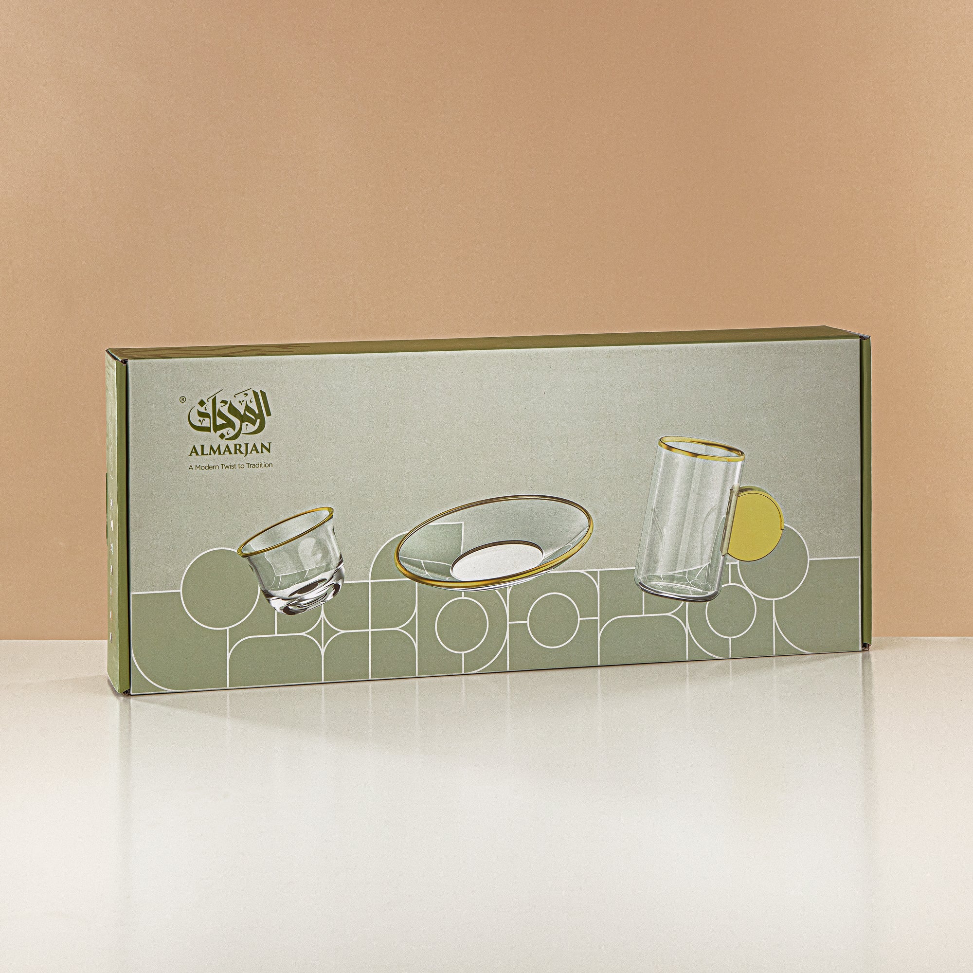 Almarjan Tea & Coffee Set 18 Pieces, Glass, Matt Gold Rim & Handle (FB808-18 ALLMG) - Elegant Serveware for Tea & Coffee