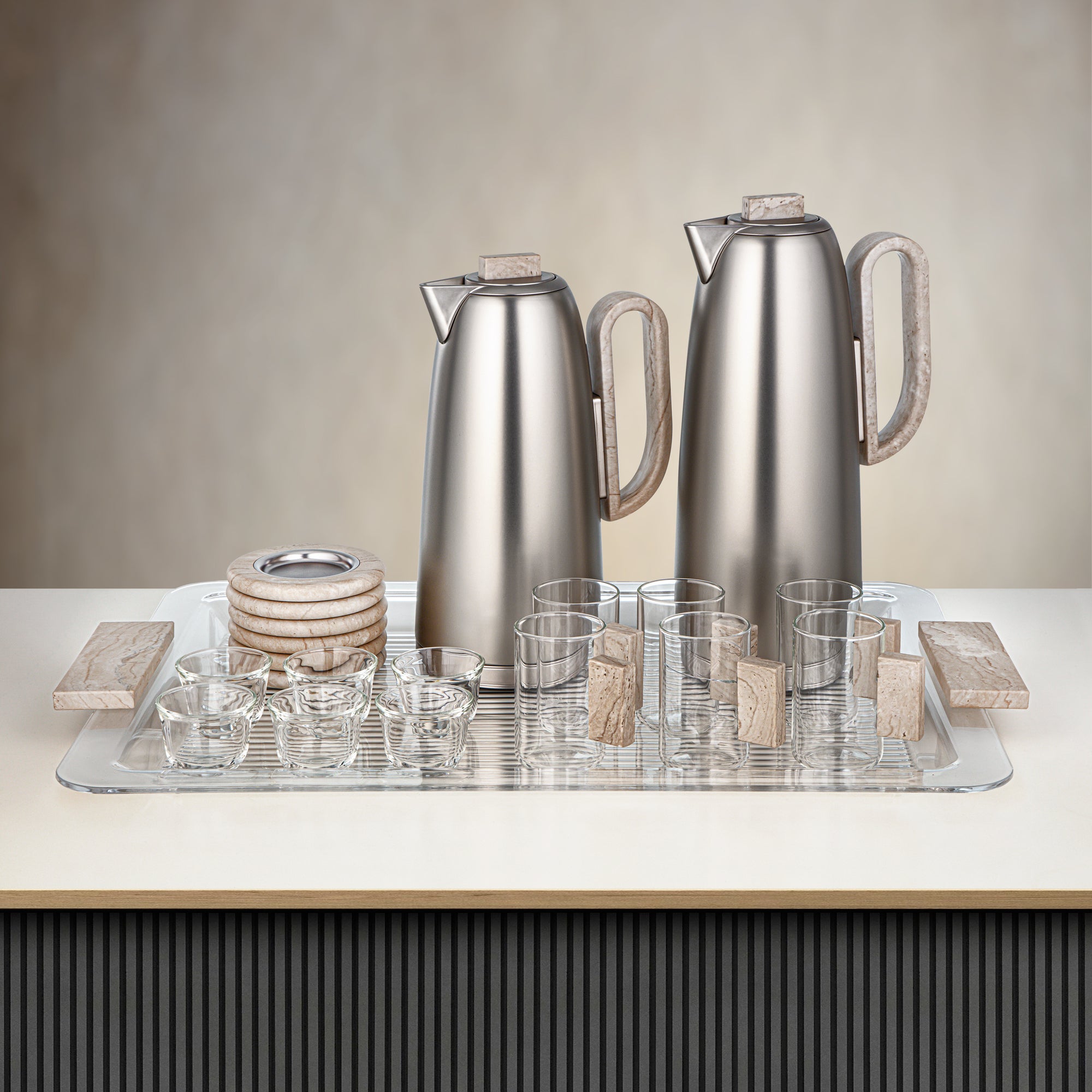 طقم تقديم الشاي والقهوة المرجان، ٢١ قطعة، معدن بلمسة نيكل غير لامع وترافرتين، ٠٫٧ لتر و١ لتر، FG816-21 TM/MNI