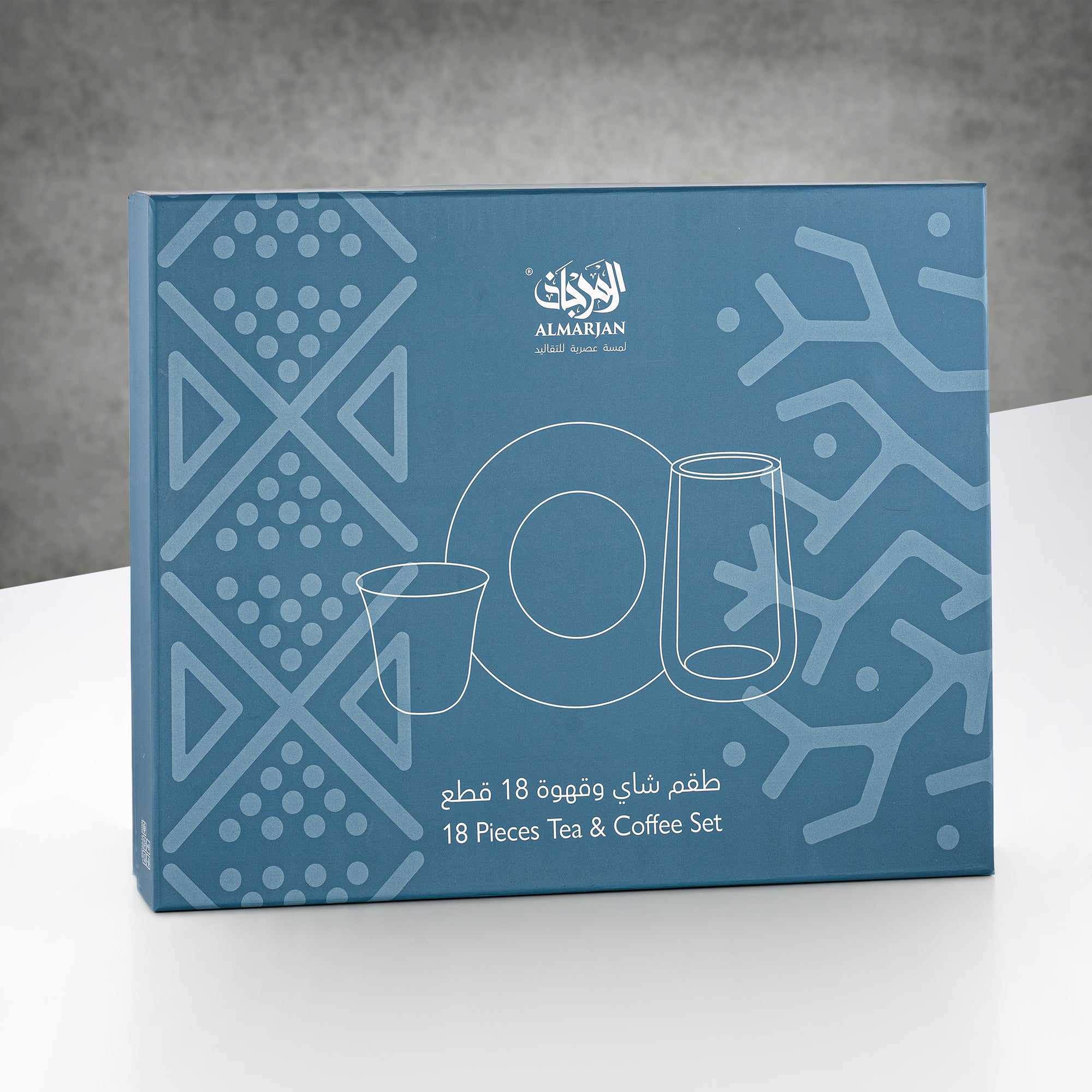 طقم أكواب الشاي والقهوة المرجان، ١٨ قطعة، شفاف بنقشة هندسية سوداء وصحون تقديم بلون أسود معدني