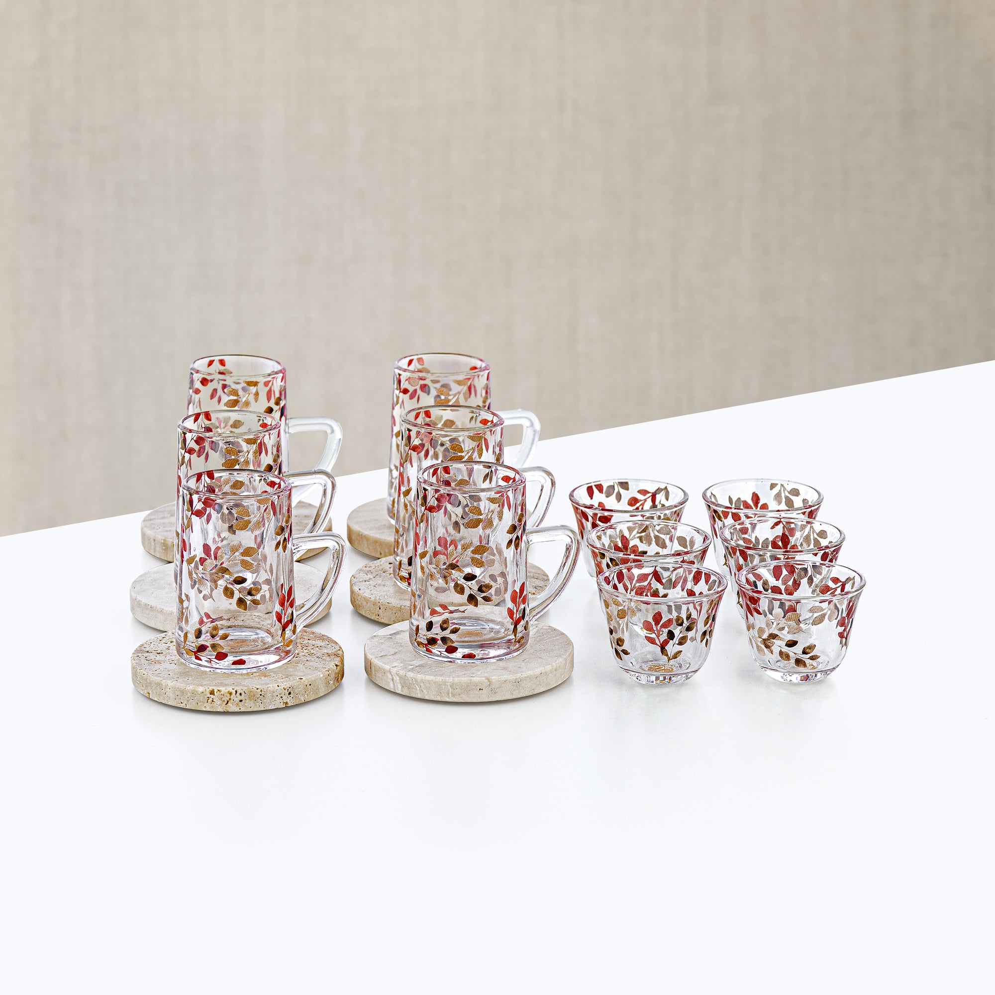 طقم شاي وقهوة عربية المرجان، ١٨ قطعة، زجاج وترافرتين