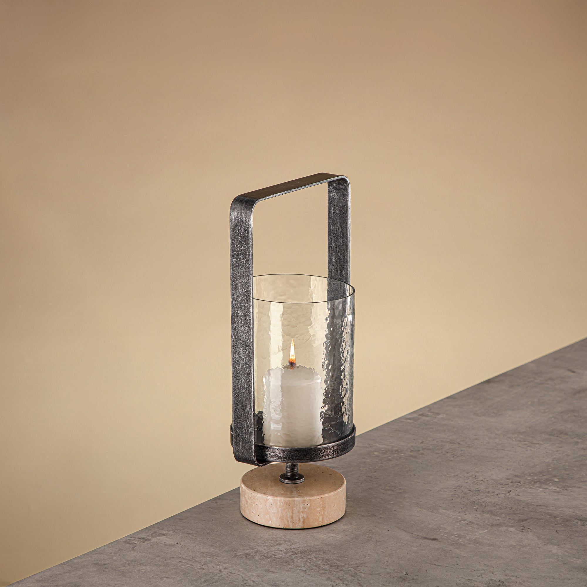 Almarjan Kalon Hurricane Lantern Hammered Clear Glass 15.5x12.5x32.5 CM Brushed Grey & Travertine Base (GMT2960026)