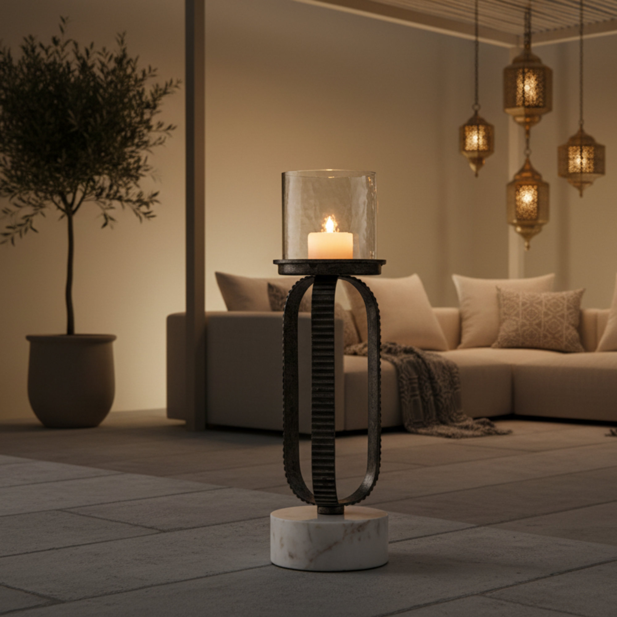 Almarjan Pillar Candle Holder 34cm Rustic Silver