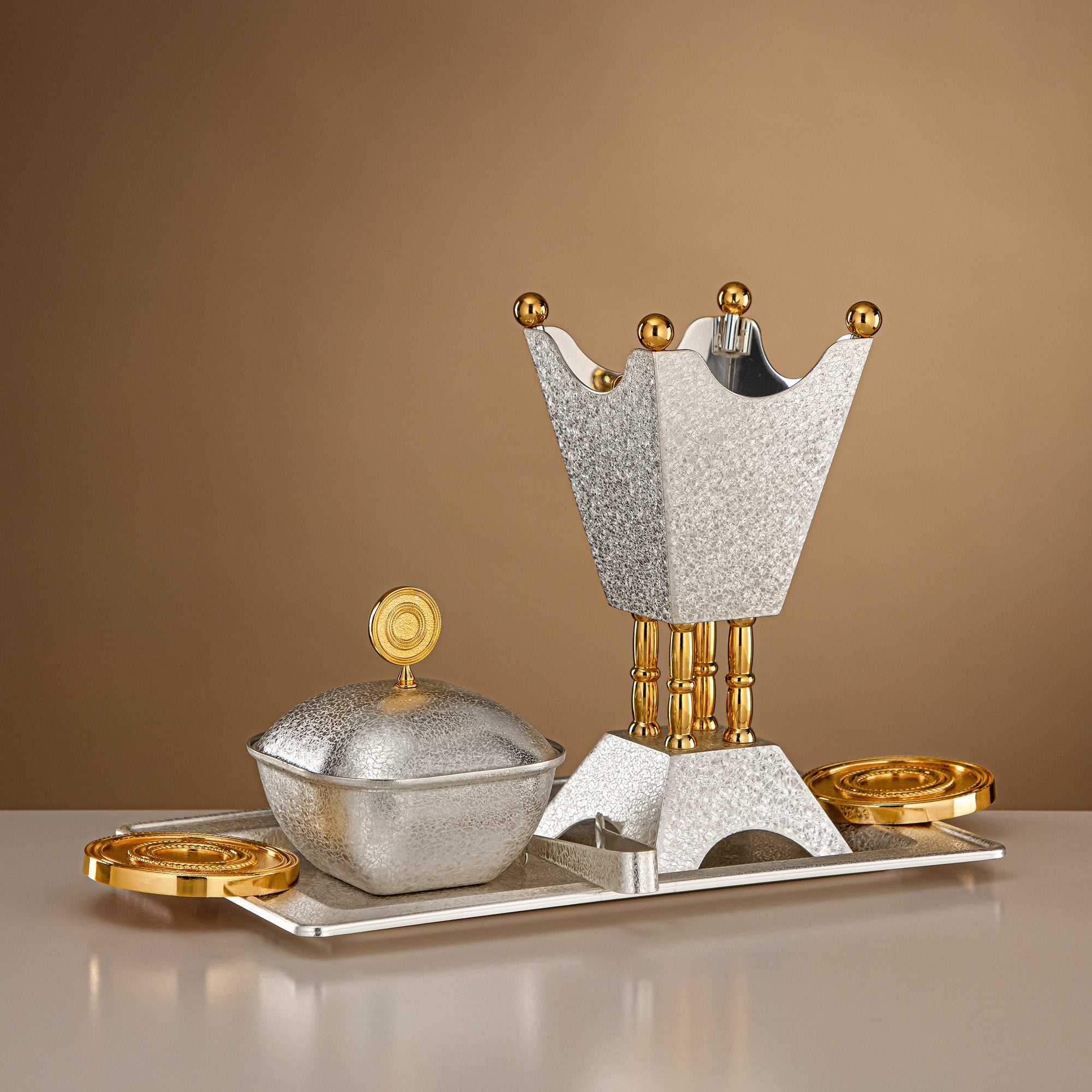 Almarjan Incense Burner Set 4-Piece Silver & Gold