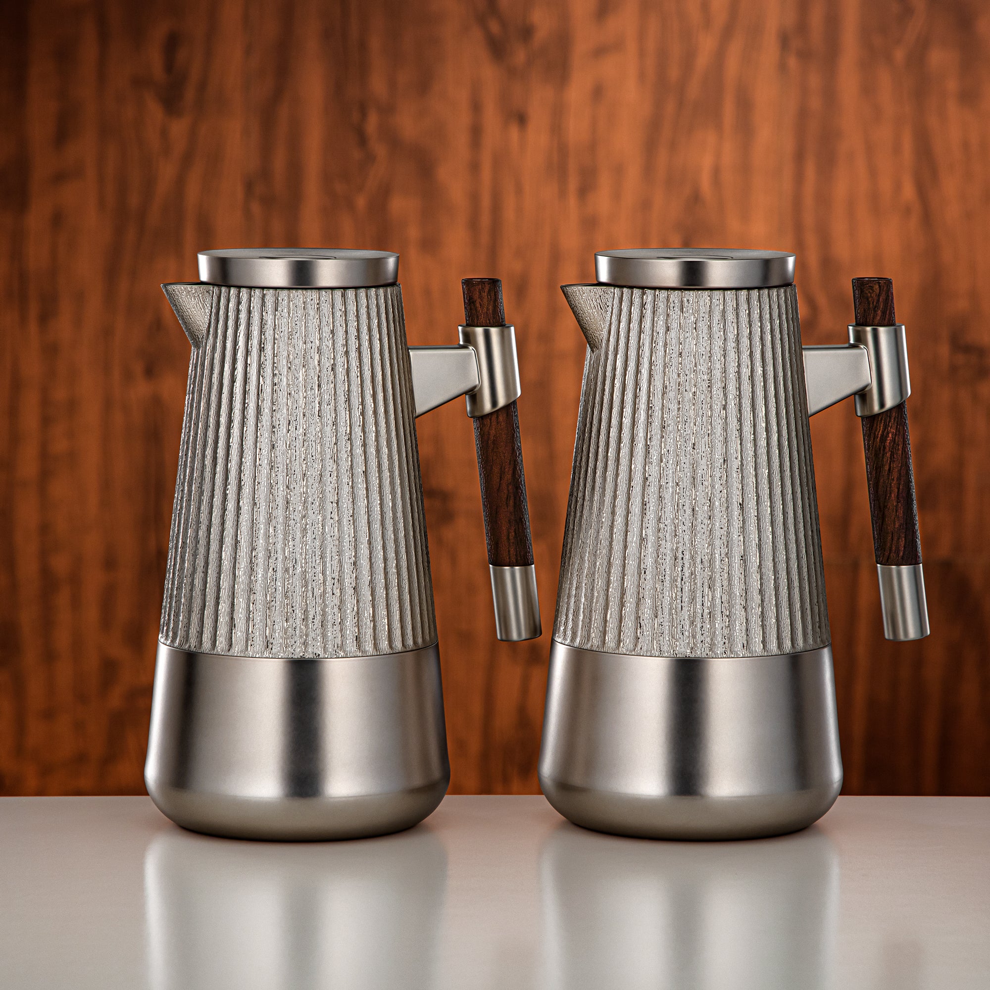 Almarjan Vacuum Flask Set 1L + 1L Matt Nickel & Matt Dark Wood