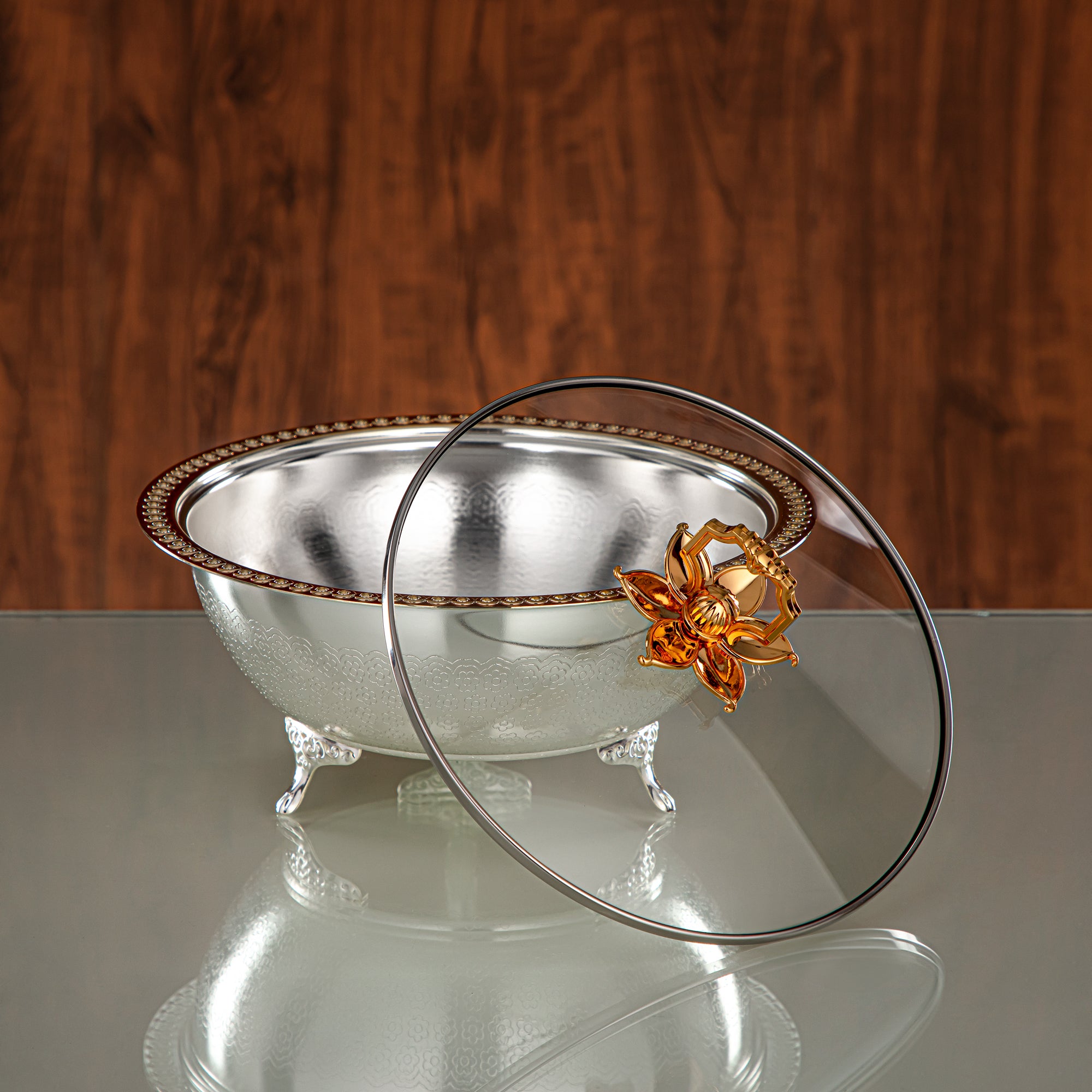 Almarjan Date Bowl 23CM (RBG4432L-SG) - Silver & Golden Glass Cover | Ramadan & Eid