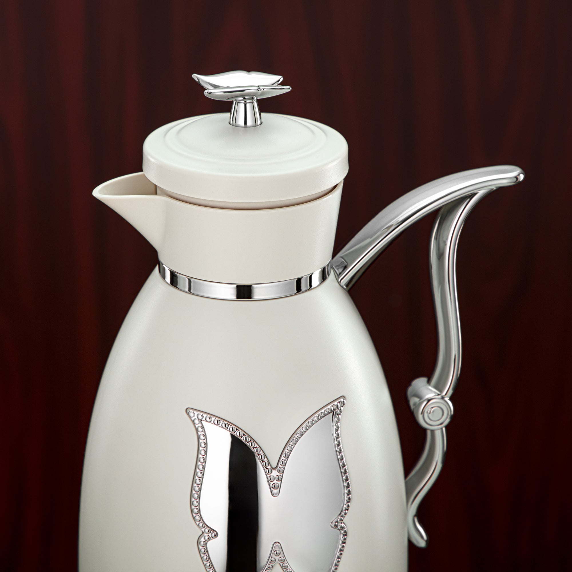 Almarjan Vacuum Flask Set Plastic Push Button 0.7L + 1L Ivory & Silver (SM-2C142-070/100 IV/C) - Tea & Coffee Flask