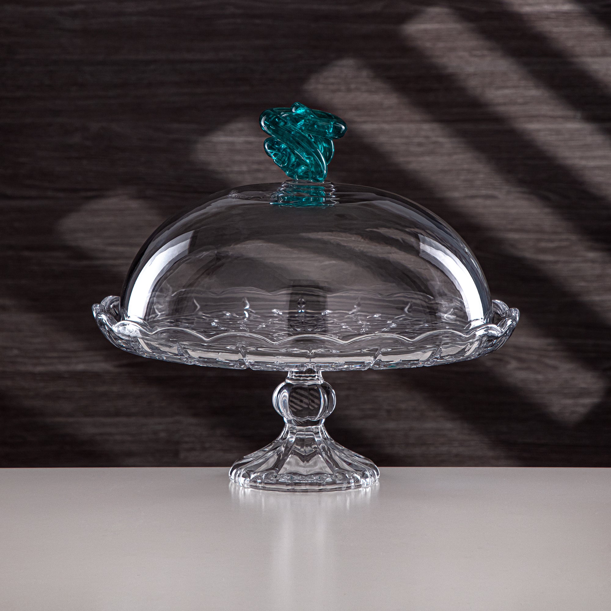 Almarjan Cake Stand Glass Round Clear with Turquoise Knot