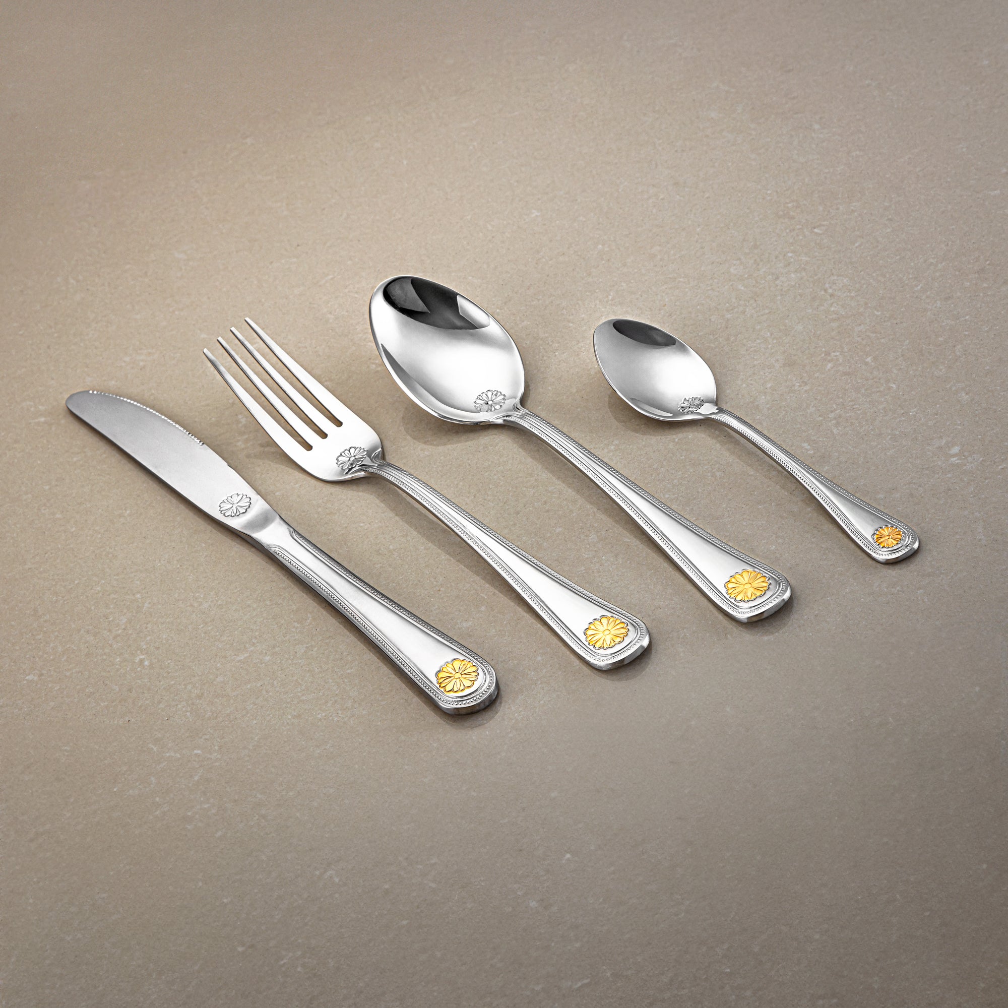 Almarjan Cutlery Set 24 Pieces, Stainless Steel, With Stand, Silver & Gold (CUT0010352) Elegant Cutlery Set