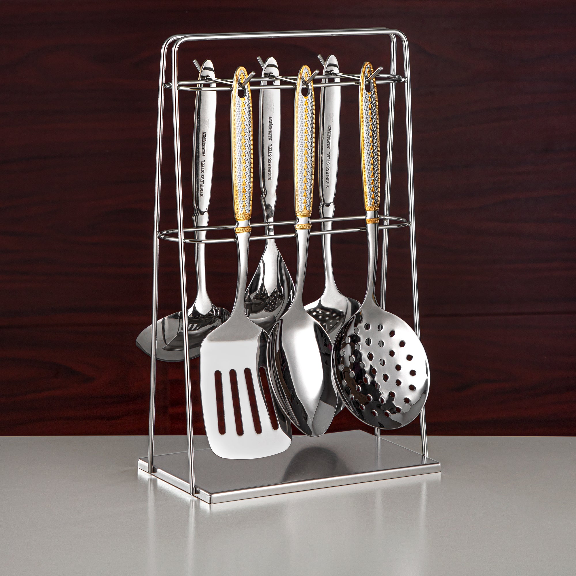 Almarjan Kitchen Tool Set 7 Pieces, Stainless Steel, With Stand, Silver & Gold (CUT0010470) Elegant Flatware