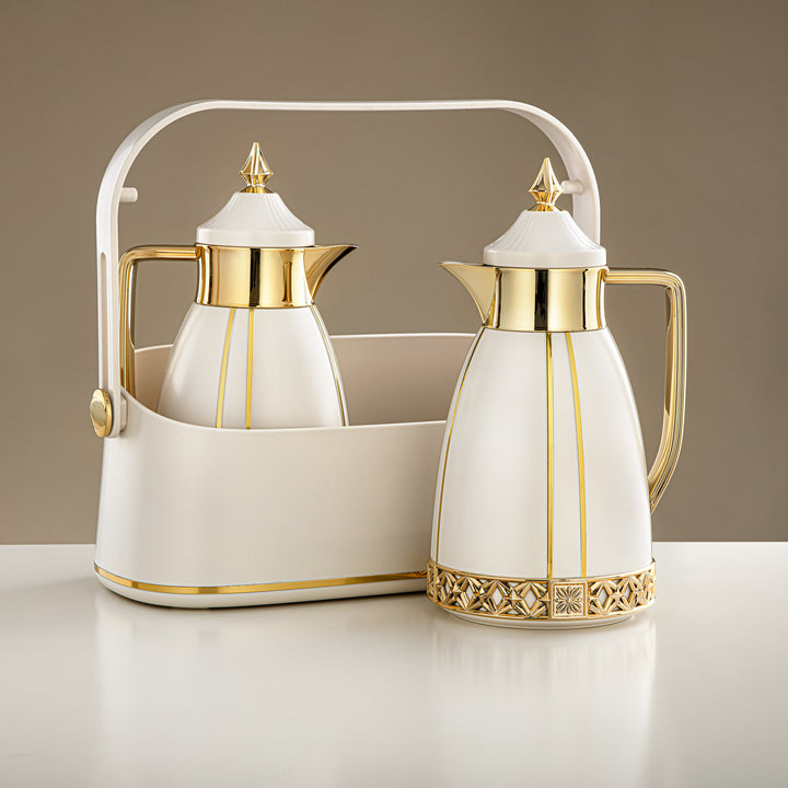 Almarjan 2 Pieces Vacuum Flask Set With Carrying Basket Ivory & Gold - FB208-05 IV/G