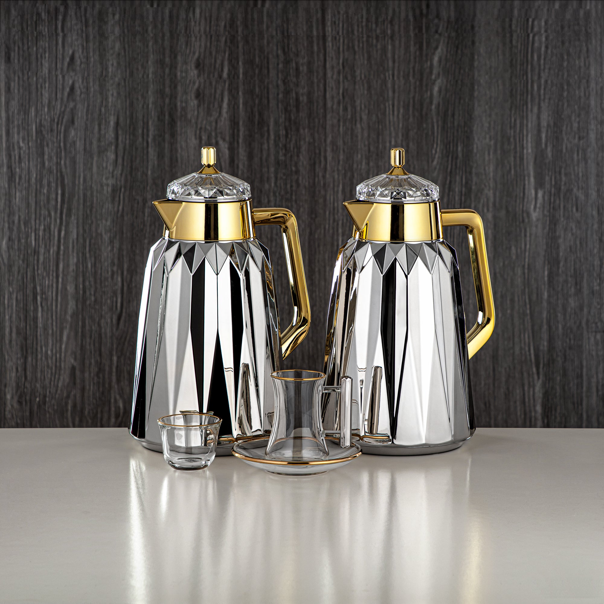 Almarjan Vacuum Flask Set 21 Pieces, Silver & Gold, ABS 1L & 1L (FB209-21 NI/G) - Arabic Coffee & Tea, Ramadan & Eid