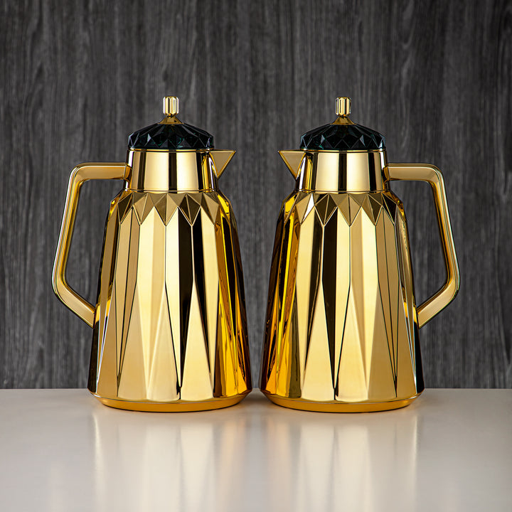 Almarjan Vacuum Flask Set - 1L + 1L, ABS, Gold & Green Marble, Mirror Finish | FG209AB-100 GM/G