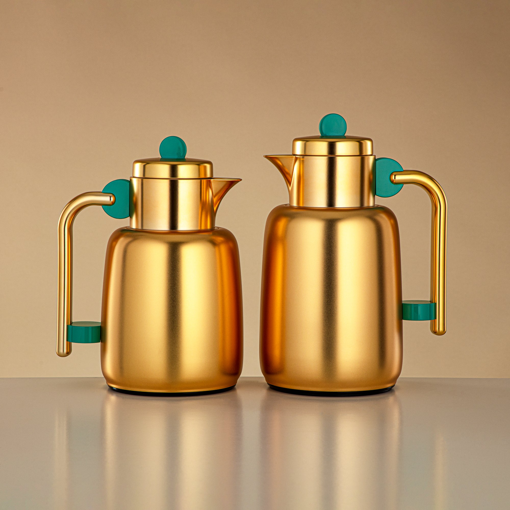 Almarjan Vacuum Flask Set - 0.7L + 1L, Matt Gold & Tiffany Green (FG808-070/100 TF/MG) - For Serving Tea & Coffee