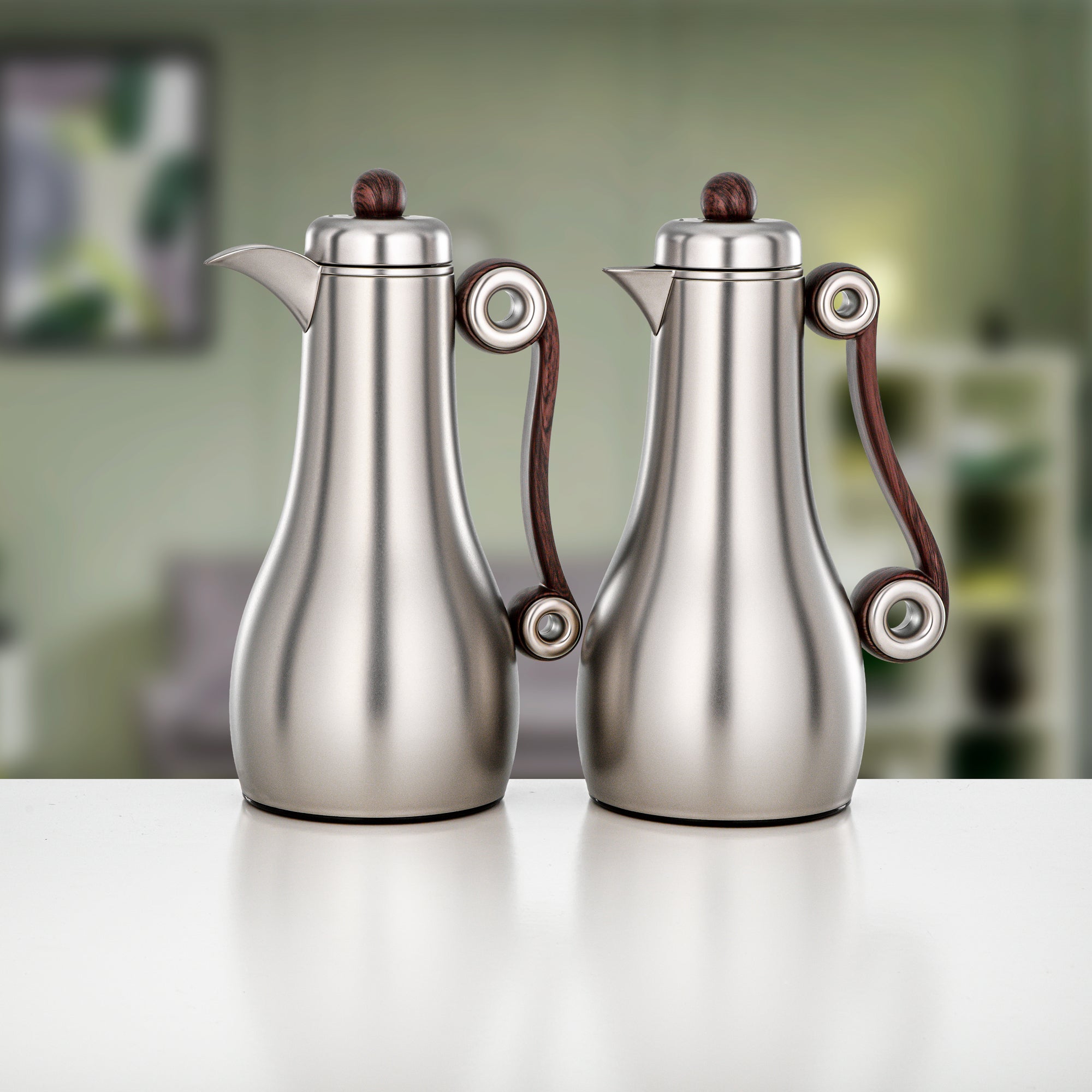Almarjan 2 Pieces Vacuum Flask Set, Matt Nickel & Dark Wood