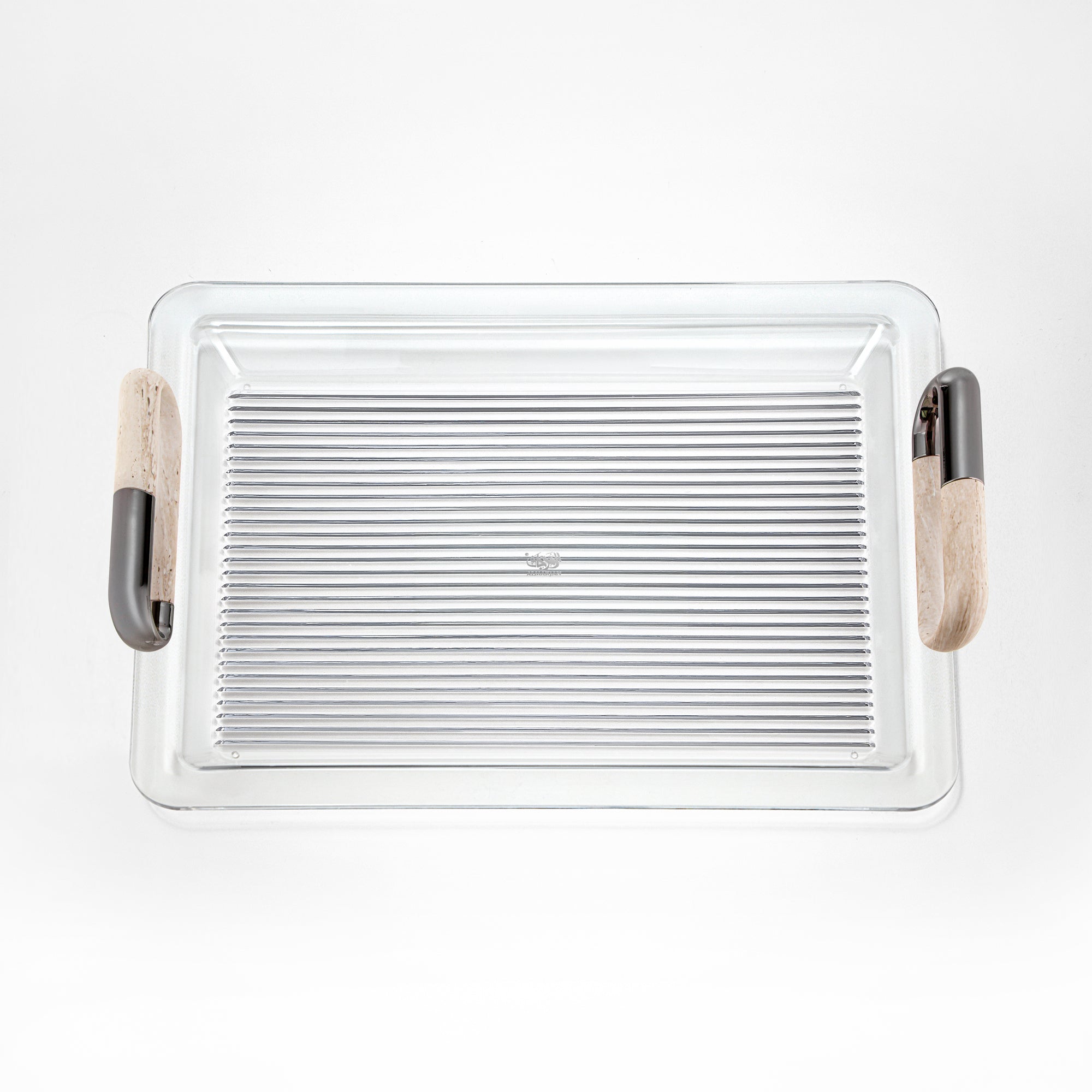 Almarjan 50 cm Acrylic Serving Tray, Gun Black & Travertine Marble