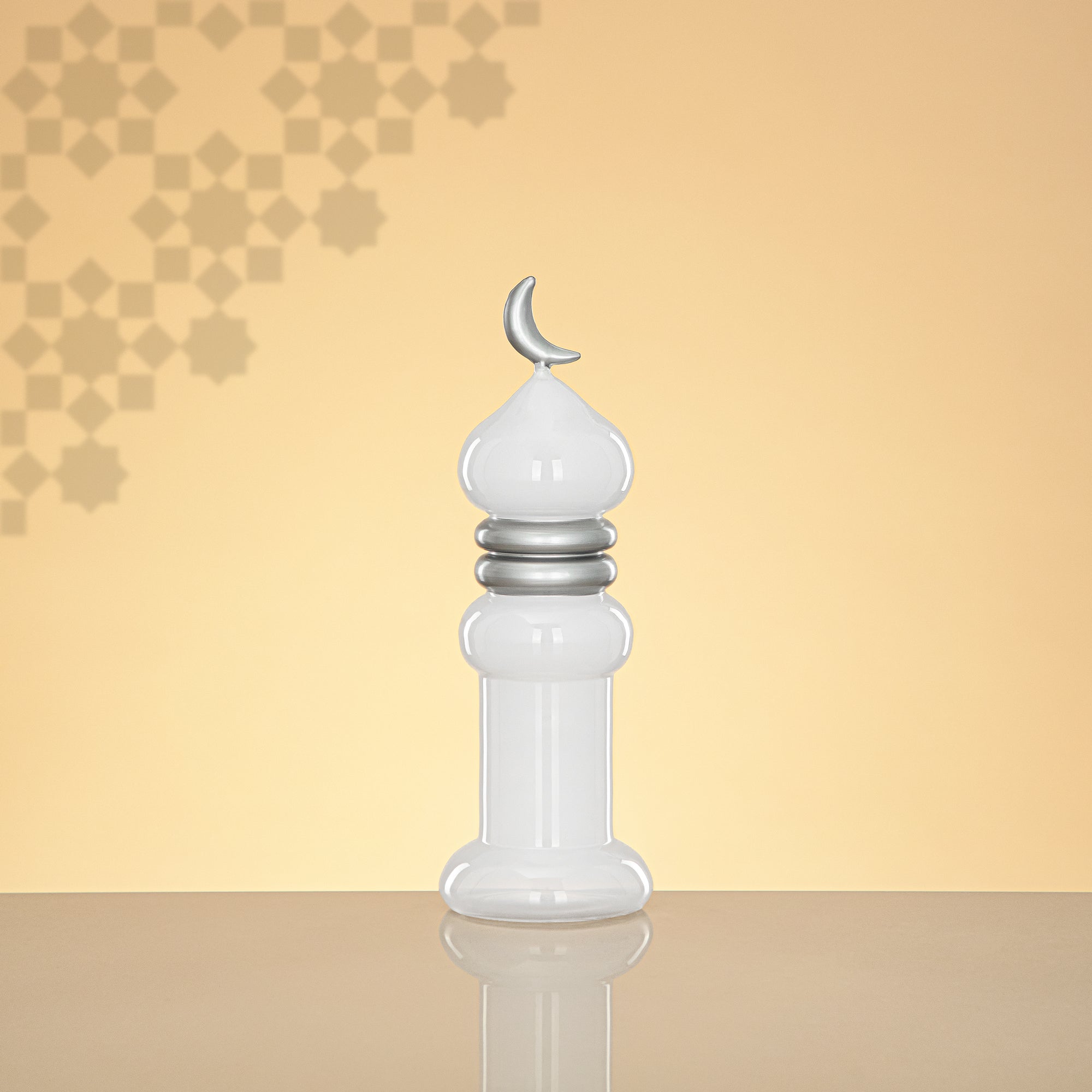 Almarjan Minaret Table Decoration 24cm x 8cm White with Silver Lines & Crescent Moon – Noor Al Layali
