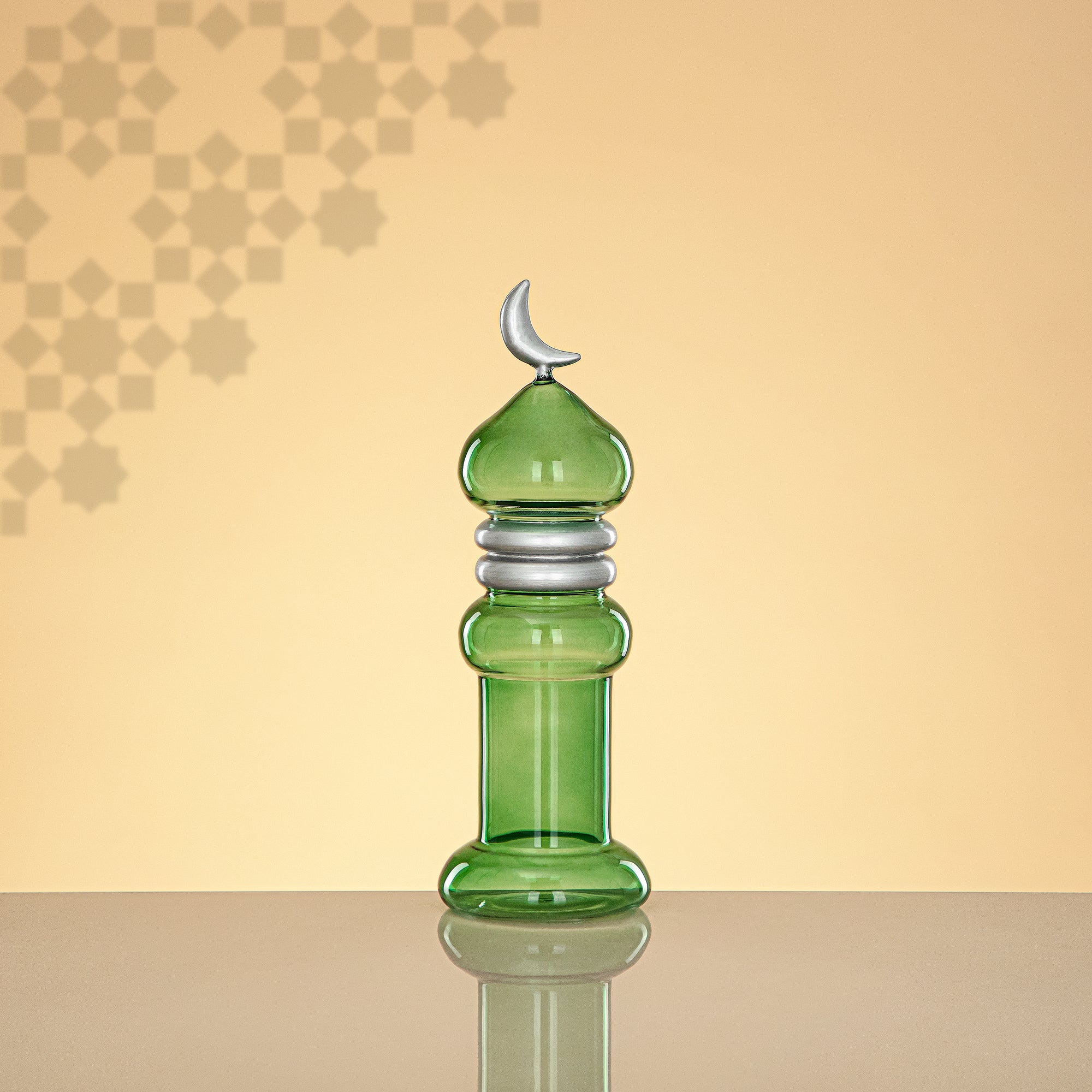 Almarjan Minaret Table Decoration 24cm x 8cm Transparent Green with Silver Lines & Crescent Moon – Noor Al Layali