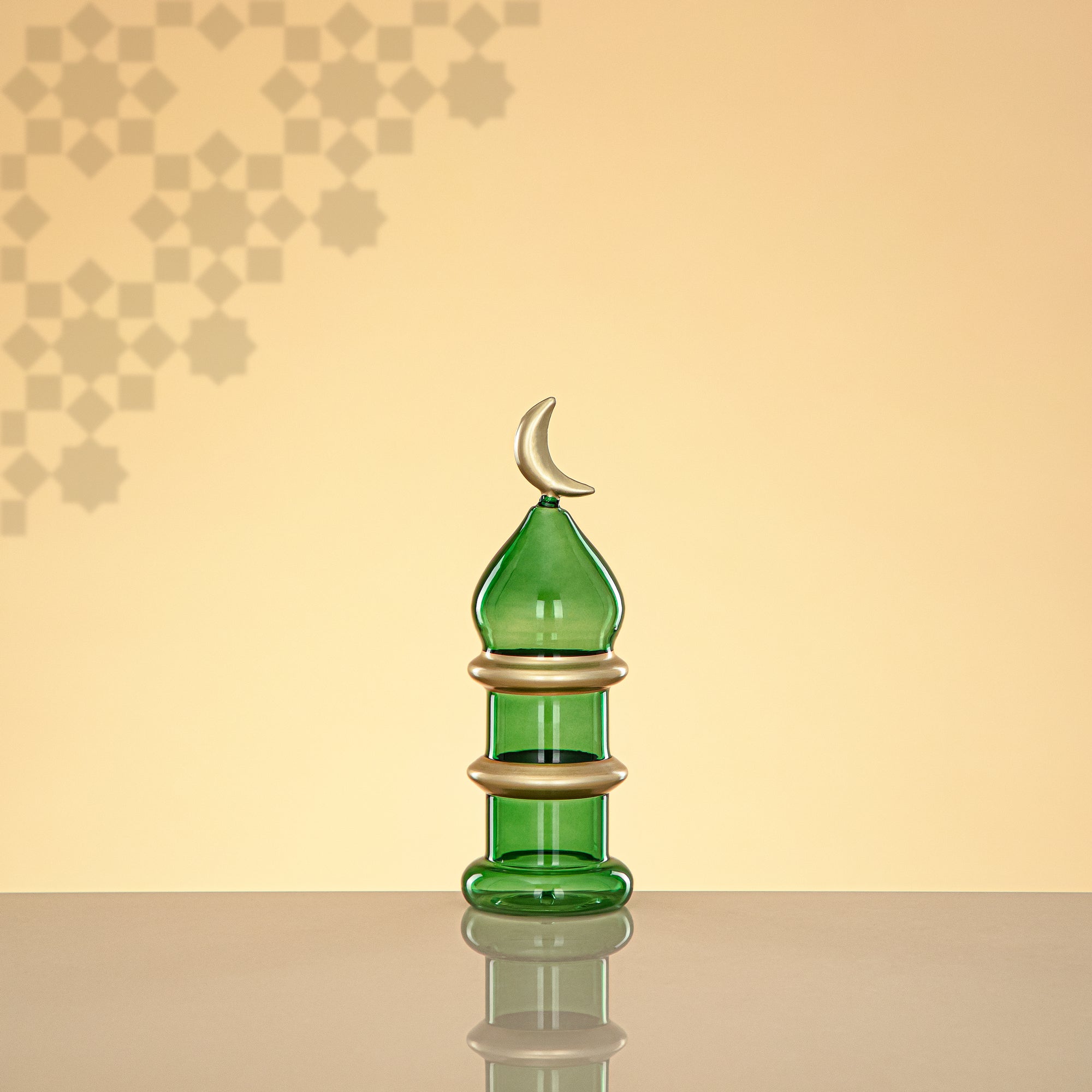 Almarjan Minaret Table Decoration 16.5cm x 6cm Transparent Green with Golden Lines & Crescent Moon – Noor Al Layali