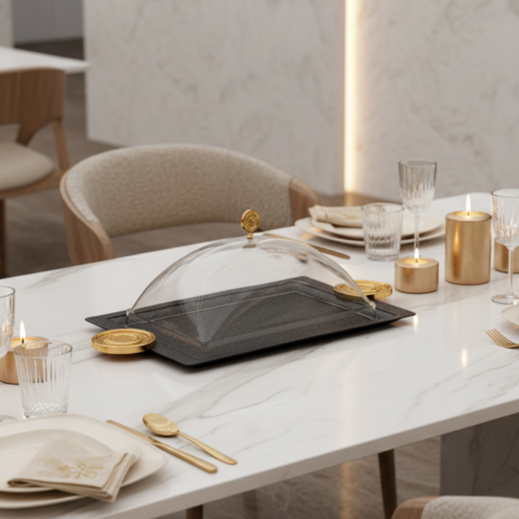 Almarjan Serving Tray with Cover 49 cm Black & Gold Crackle