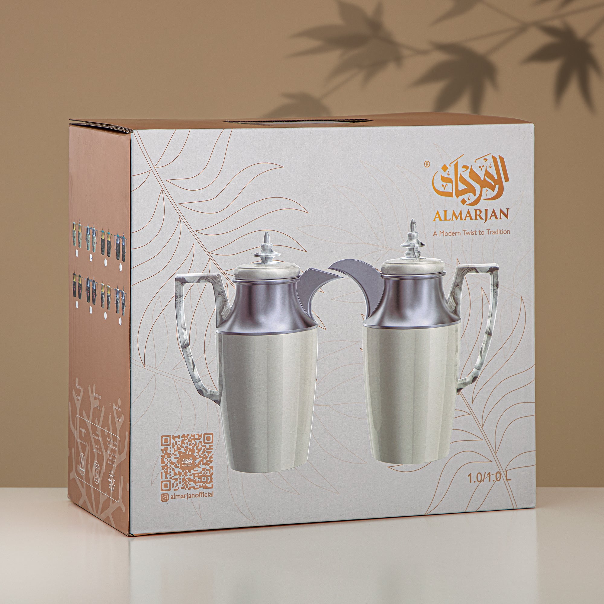 Almarjan Vacuum Flask Set, Push Button, 1L + 1L, Floral & Matt Gold (JBH10T/10C-AZ03G) - Tea & Coffee Vacuum Flask