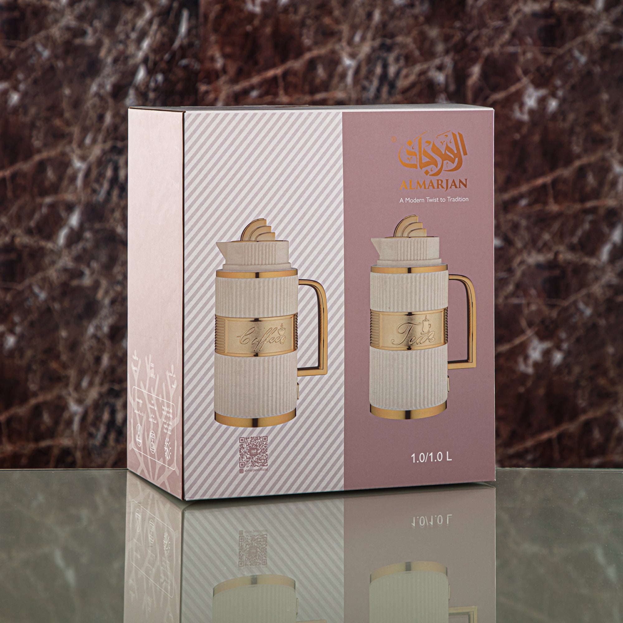 Almarjan Vacuum Flask Set, ABS, Push Button - 1L + 1L, Silver & Gold (OUD-SG) - Tea & Coffee