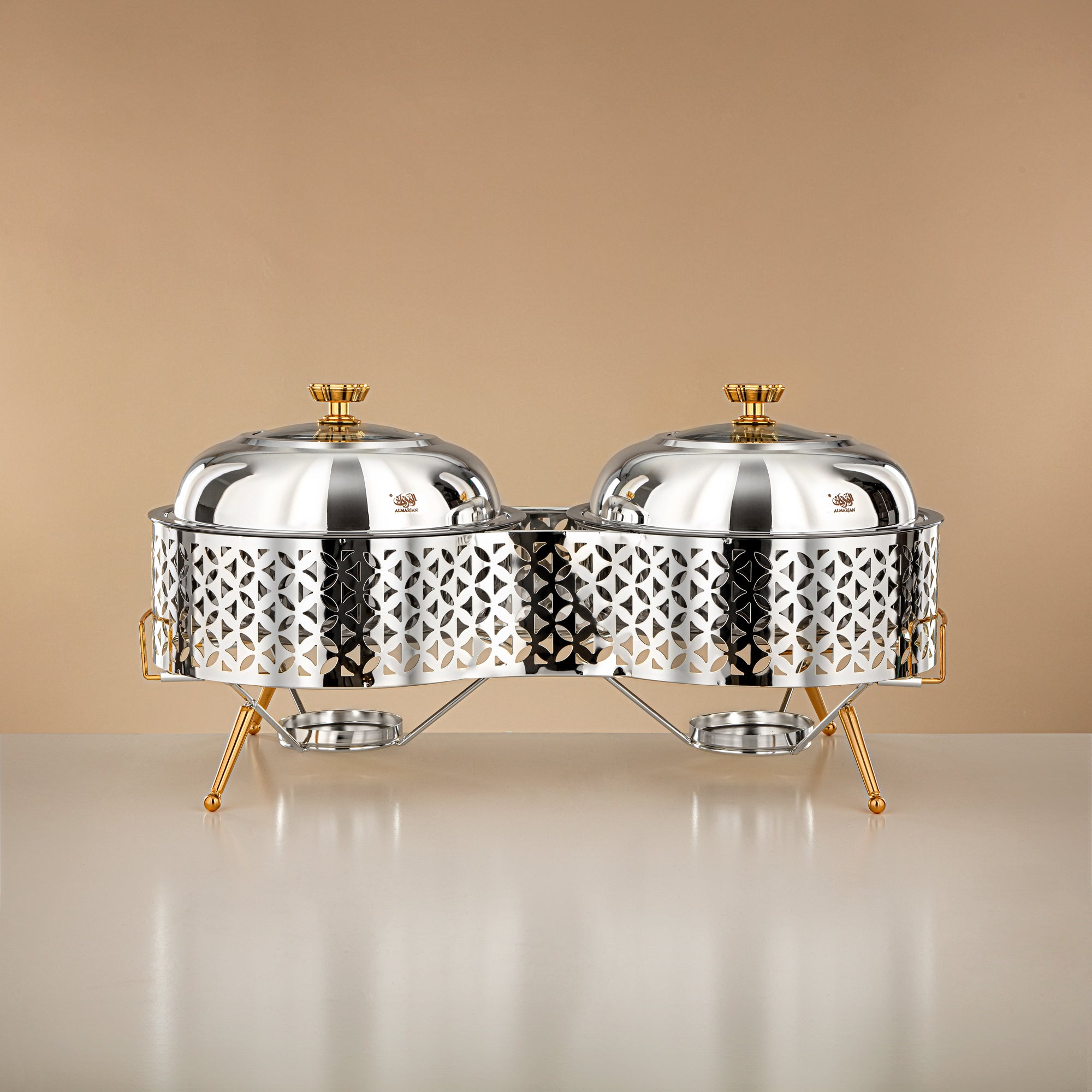 Almarjan Chafing Dish Double, Silver & Gold, 2000ML + 2000ML (STS0013316) Ramadan & Eid Buffets