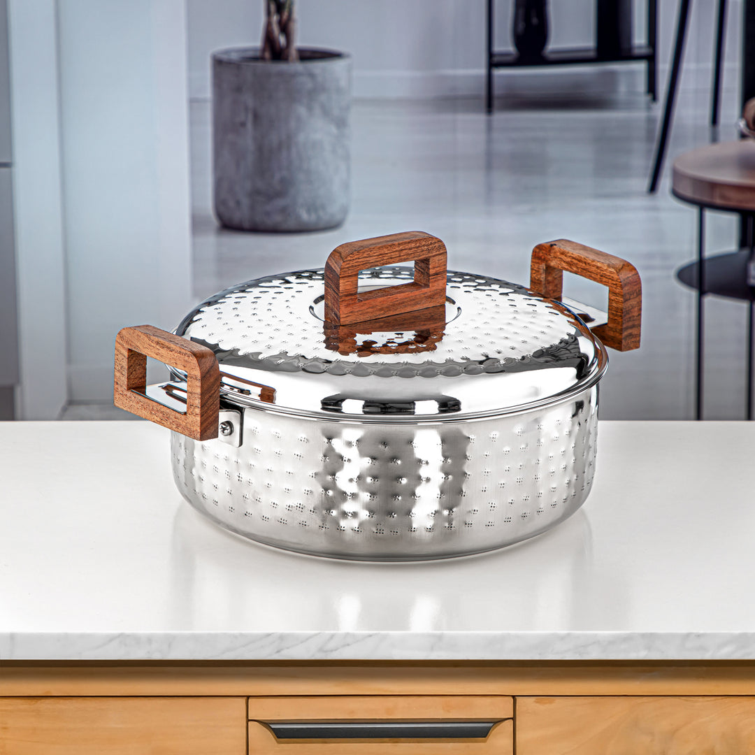 Almarjan 3500 ML Larin Collection Stainless Steel Hot Pot Silver & Wood - H24M7