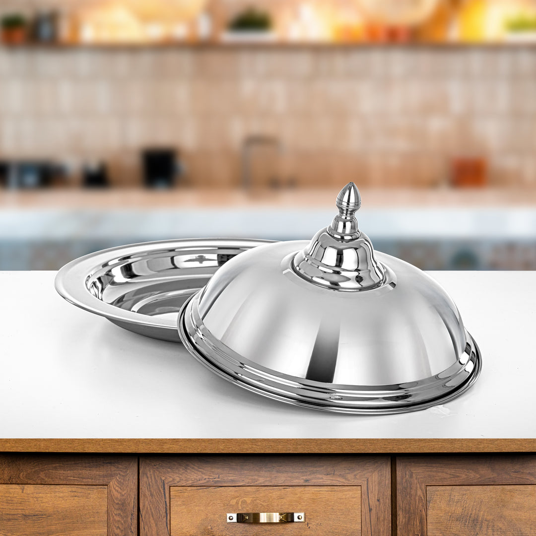 Almarjan Diwan Koozy Tray - 40CM Stainless Steel with Dome Cover, Mirror-Finish Serveware (H24P2)