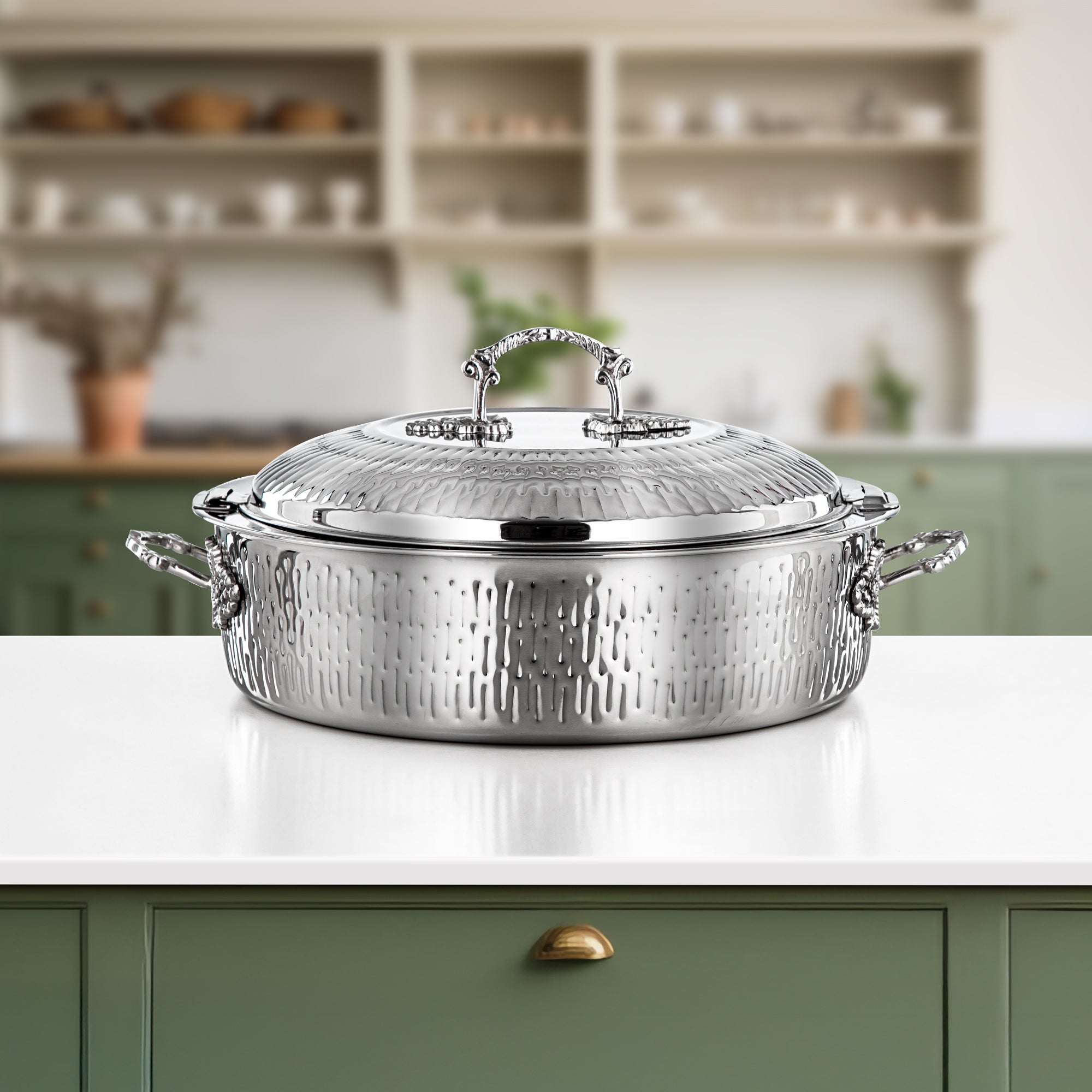 Almarjan Hot Pot Stainless Steel, Silver, Brass Handle 35CM (H25M00) - Areej Collection, Ramadan & Eid