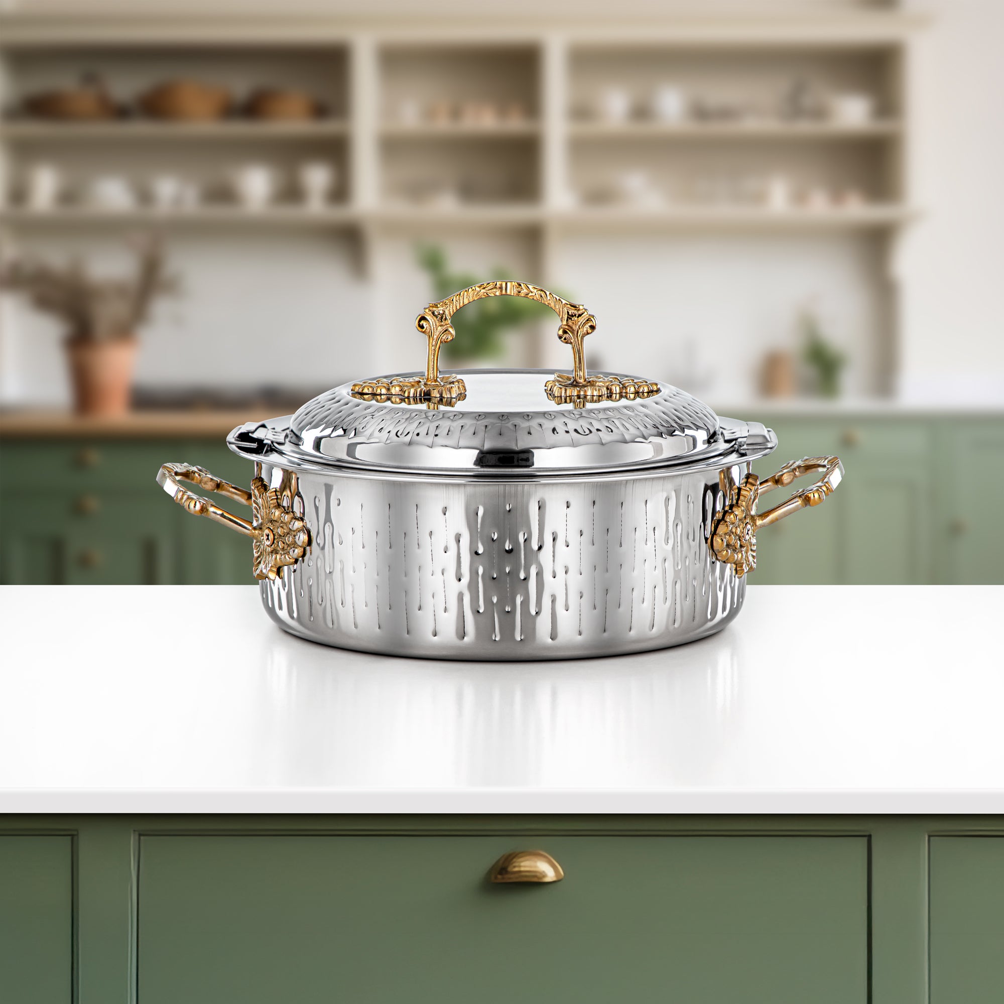 Almarjan Hot Pot Stainless Steel, Silver & Gold, Brass Handle 25CM (H25MG00) - Areej Collection, Ramadan & Eid