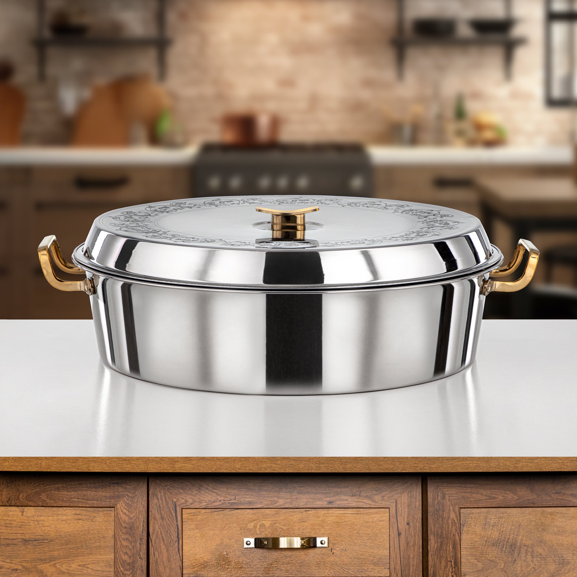 Almarjan Hot Pot Stainless Steel, Etched Cover, 40CM (8500ML), Silver & Gold (H25PG9) - Badr Collection, Exquisite Serveware