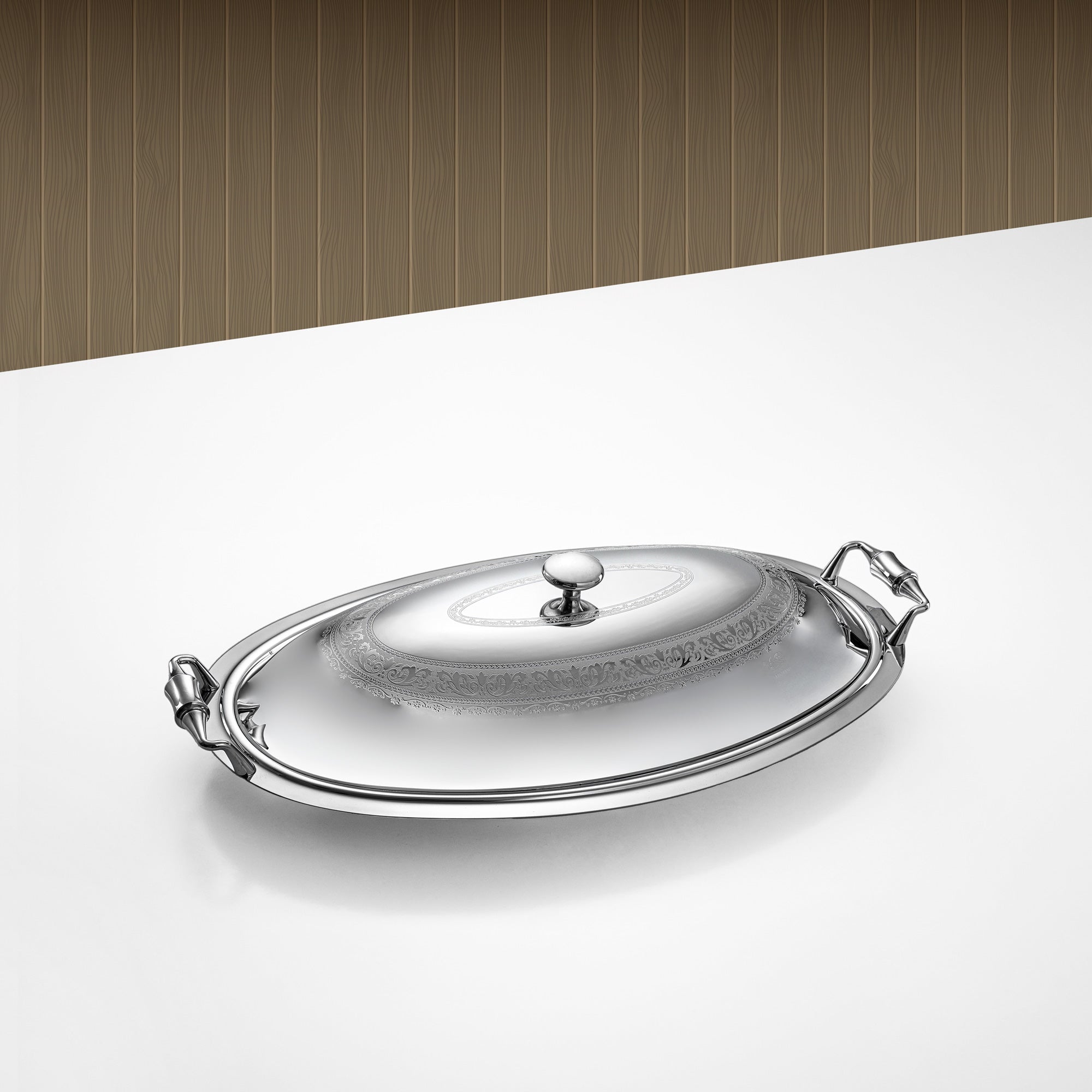 صينية تقديم بيضاوية مع غطاء المرجان 50 سم فضي