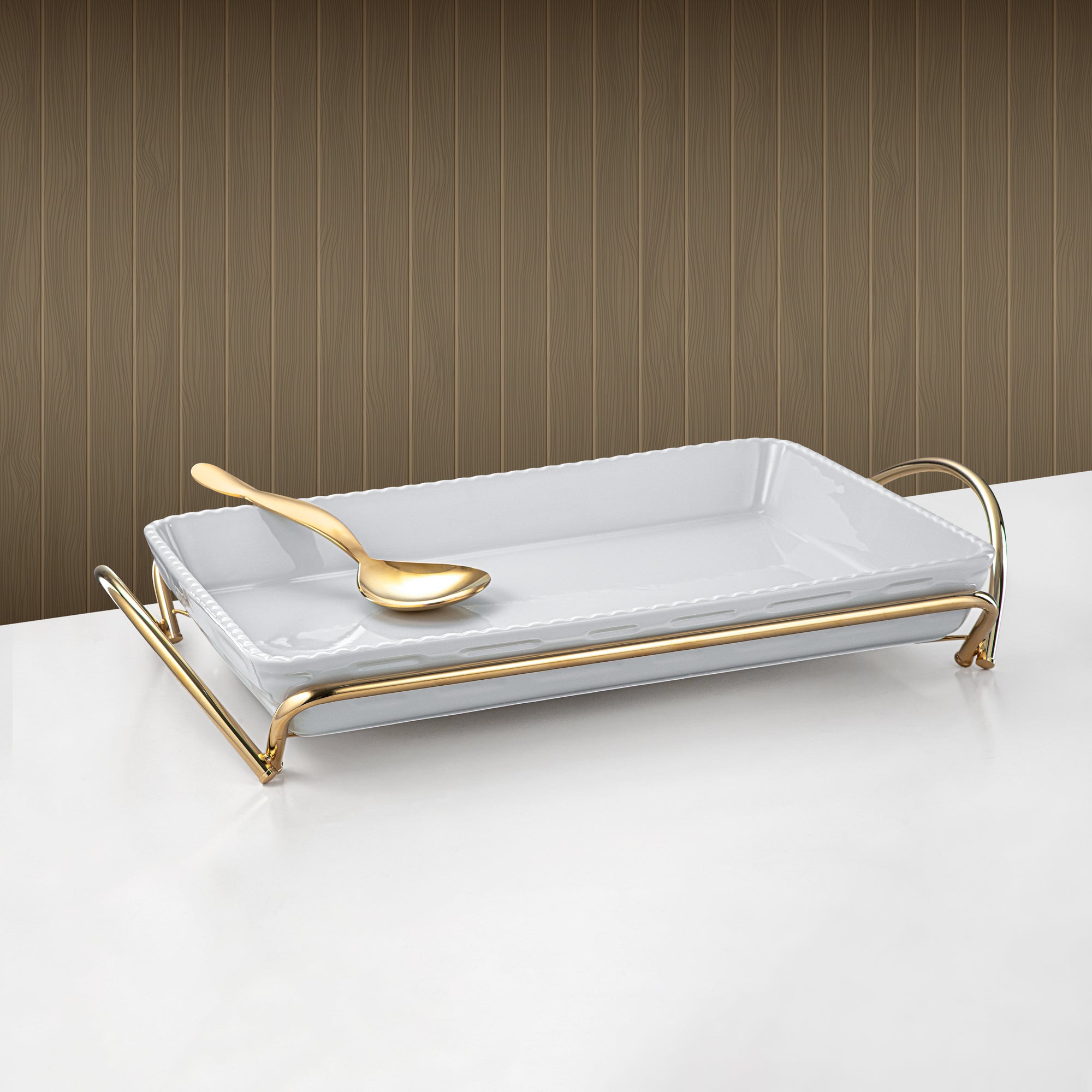 طبق تقديم مستطيل المرجان 45 سم ذهبي وأبيض