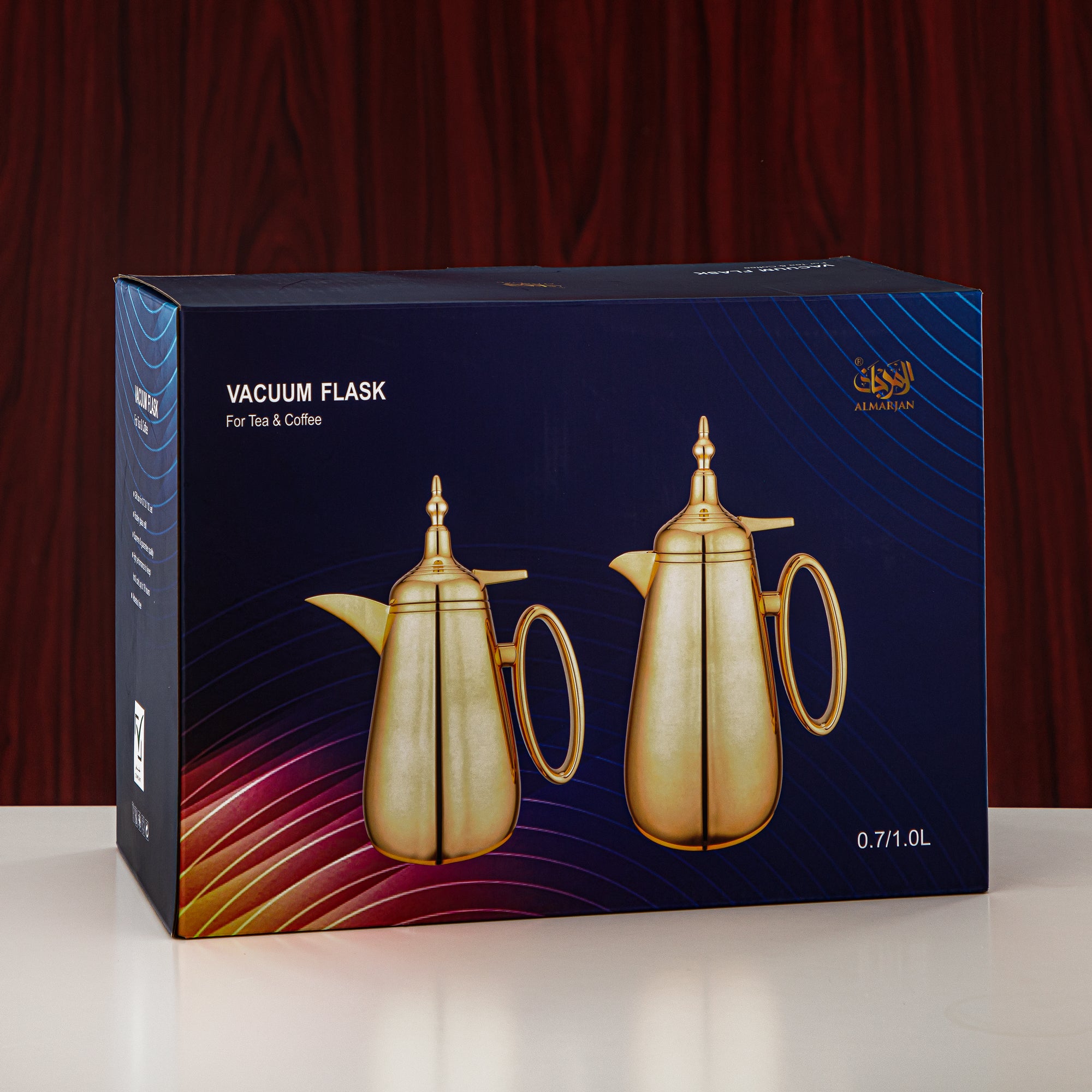 Almarjan Vacuum Flask Set Push Button ABS Matt Grey & Matt Gold 0.7L + 1L (UOP-A0700/B1000Q265YZE22) - Classic Vacuum Flask